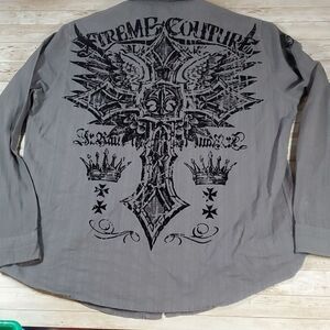 Xtreme Couture Affliction Button Down Long Sleeve Velvet‎ Cross Wings Crown 2XL